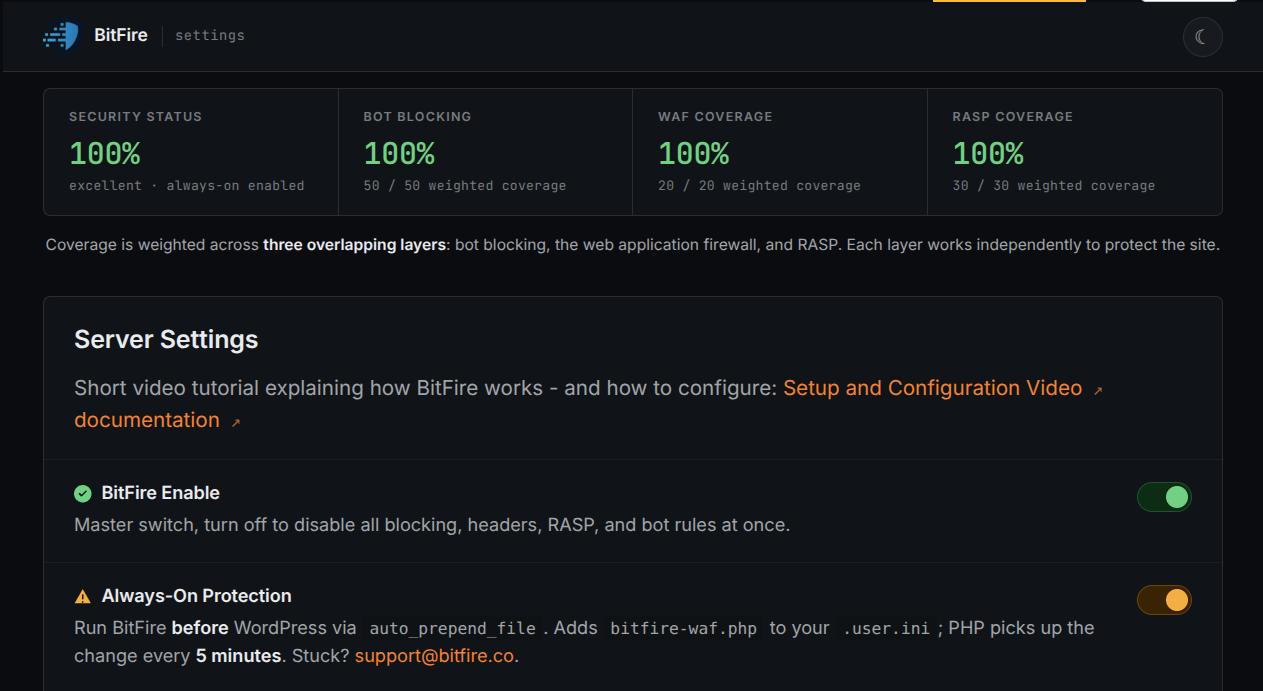 Example BitFire settings screen with configuration coverage scores and protection controls